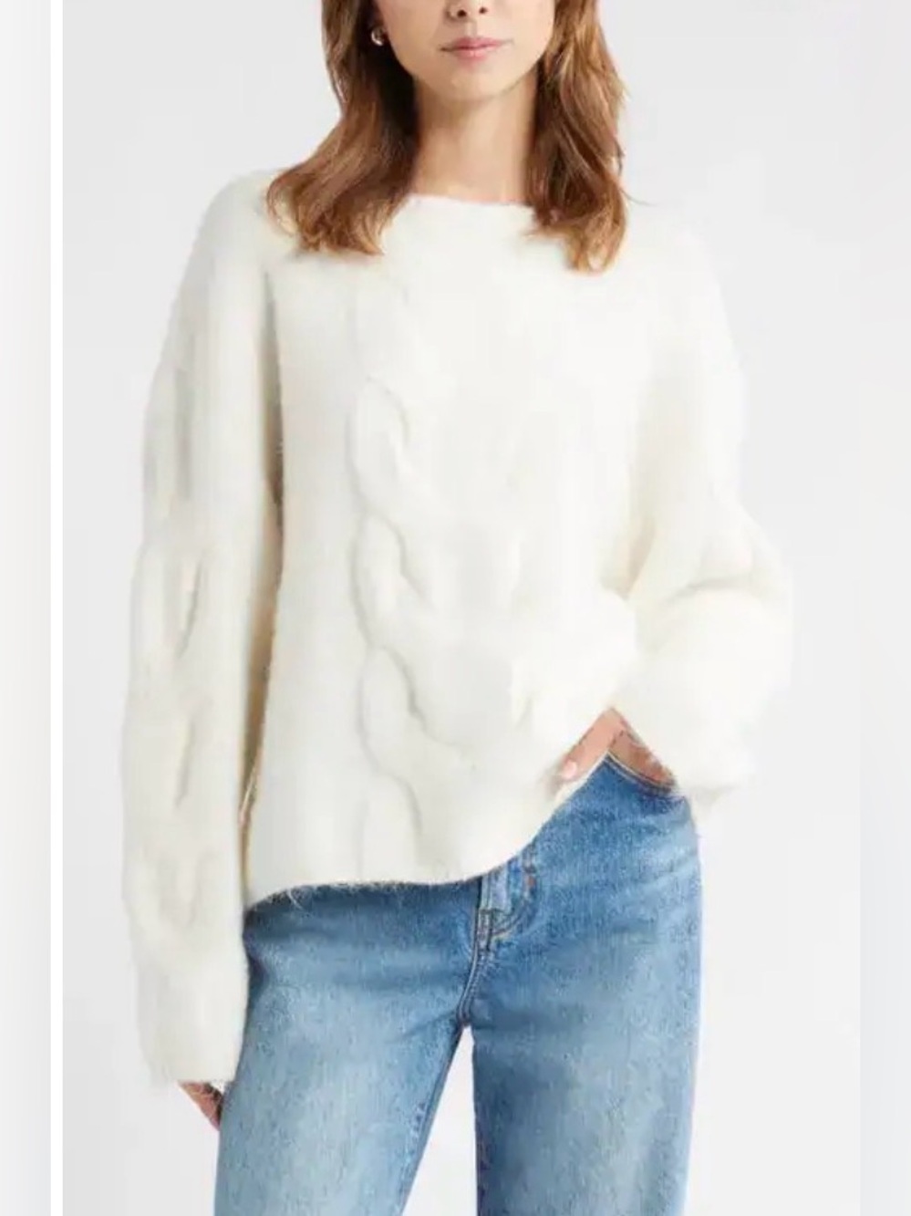 OPEN EDIT Cable Boatneck Sweater, Off white, size small
